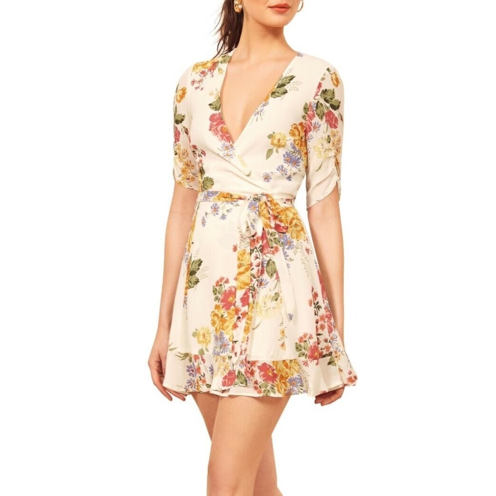 Reformation wrap Monica dress white floral mini size S (read description)